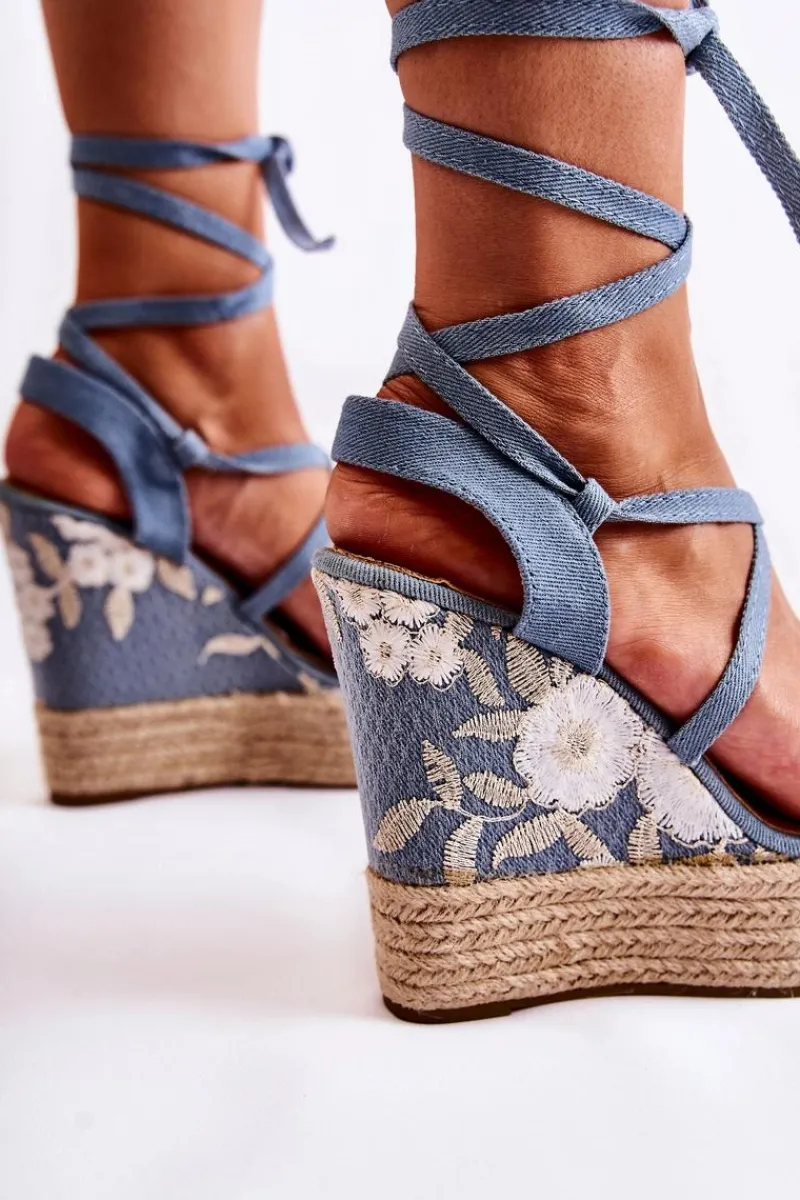 Hot Boto Modne Wiązane Sandały Na Koturnie Niebieskie Recife