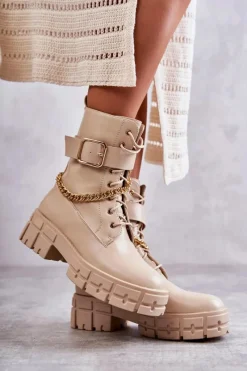 Best Modne Workery Botki Z Łańcuchem Beżowe Solesso Damskie Botki Sznurowane|Czarne Botki