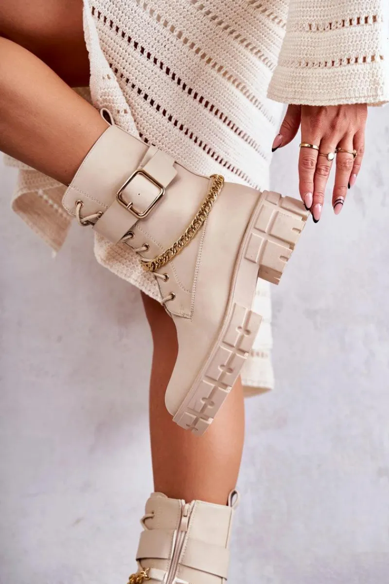 Best Modne Workery Botki Z Łańcuchem Beżowe Solesso Damskie Botki Sznurowane|Czarne Botki