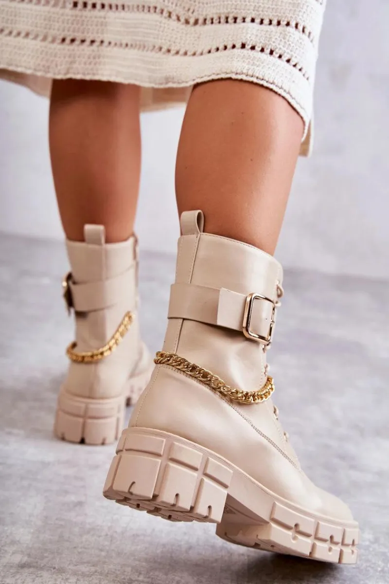 Best Modne Workery Botki Z Łańcuchem Beżowe Solesso Damskie Botki Sznurowane|Czarne Botki