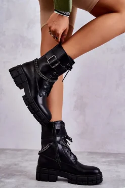 Botki Sznurowane|Czarne Botki>Boto Modne Workery Botki Z Łańcuchem Czarne Solesso