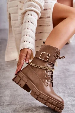 Online Boto Modne Workery Botki Z Łańcuchem Brązowe Solesso