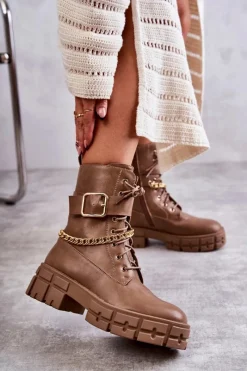 Online Boto Modne Workery Botki Z Łańcuchem Brązowe Solesso