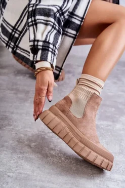 Modne Wsuwane Botki Na Platformie Ciemnobeżowe Jenna Damskie Brązowe I Beżowe Botki|Botki Workery