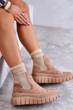 Modne Wsuwane Botki Na Platformie Ciemnobeżowe Jenna Damskie Brązowe I Beżowe Botki|Botki Workery