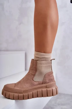 Modne Wsuwane Botki Na Platformie Ciemnobeżowe Jenna Damskie Brązowe I Beżowe Botki|Botki Workery