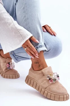 Clearance Boto Modne Wsuwane Buty Sportowe Półbuty Z Ozdobą Ciemnobeżowe Desire