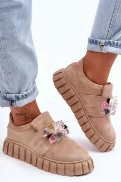 Clearance Boto Modne Wsuwane Buty Sportowe Półbuty Z Ozdobą Ciemnobeżowe Desire