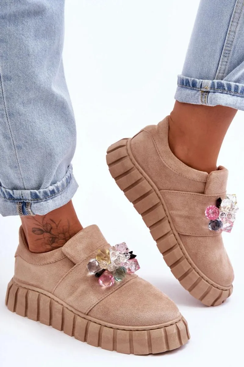 Clearance Boto Modne Wsuwane Buty Sportowe Półbuty Z Ozdobą Ciemnobeżowe Desire