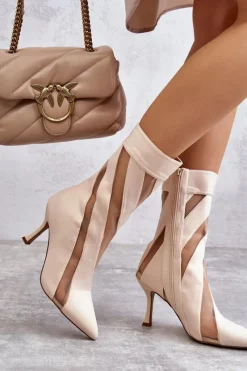 Online Modne Wysokie Damskie Botki Na Szpilce Beżowe Deyna Damskie Brązowe I Beżowe Botki|Botki Na Obcasie