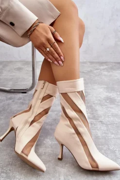 Online Modne Wysokie Damskie Botki Na Szpilce Beżowe Deyna Damskie Brązowe I Beżowe Botki|Botki Na Obcasie
