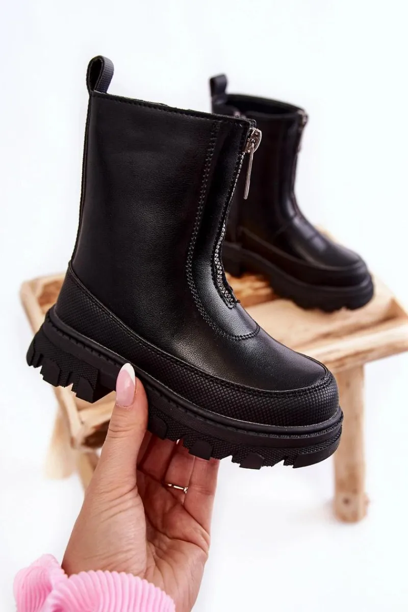 Modne Wysokie Skórzane Botki Na Suwak Czarne Daffy Dzieci Dziewczęce