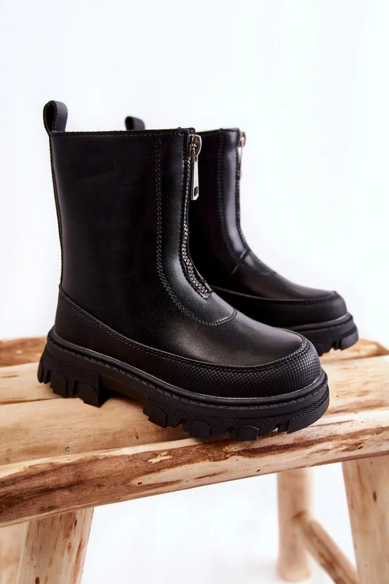 Modne Wysokie Skórzane Botki Na Suwak Czarne Daffy Dzieci Dziewczęce