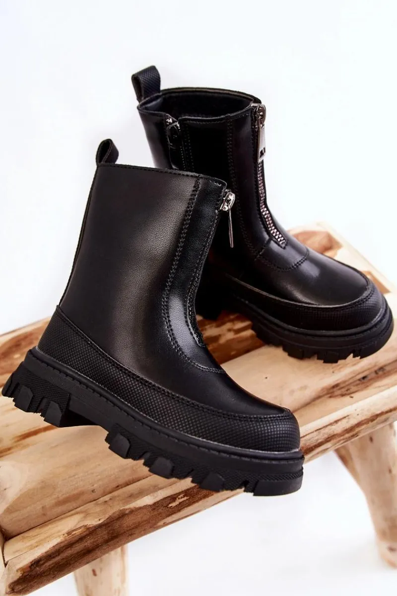 Modne Wysokie Skórzane Botki Na Suwak Czarne Daffy Dzieci Dziewczęce