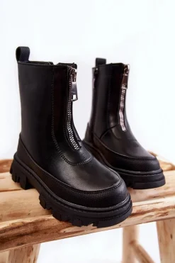 Modne Wysokie Skórzane Botki Na Suwak Czarne Daffy Dzieci Dziewczęce