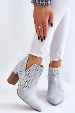 New Boto Modne Zamszowe Ażurowe Botki Na Obcasie Szare Genevi