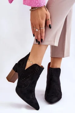 Boto Modne Zamszowe Ażurowe Botki Na Obcasie Czarne Genevi