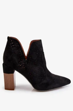 Boto Modne Zamszowe Ażurowe Botki Na Obcasie Czarne Genevi