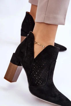 Boto Modne Zamszowe Ażurowe Botki Na Obcasie Czarne Genevi