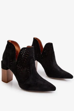 Boto Modne Zamszowe Ażurowe Botki Na Obcasie Czarne Genevi