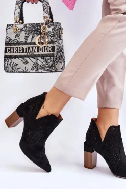 Boto Modne Zamszowe Ażurowe Botki Na Obcasie Czarne Genevi