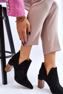 Boto Modne Zamszowe Ażurowe Botki Na Obcasie Czarne Genevi