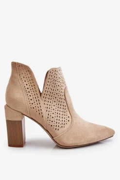 Clearance Modne Zamszowe Ażurowe Botki Na Obcasie Jasnobeżowe Genevi Damskie Botki Wiosenne|Botki Na Słupku