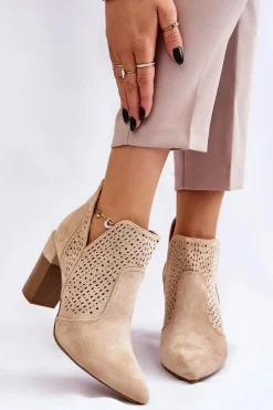 Clearance Modne Zamszowe Ażurowe Botki Na Obcasie Jasnobeżowe Genevi Damskie Botki Wiosenne|Botki Na Słupku