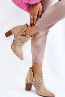 Clearance Modne Zamszowe Ażurowe Botki Na Obcasie Jasnobeżowe Genevi Damskie Botki Wiosenne|Botki Na Słupku