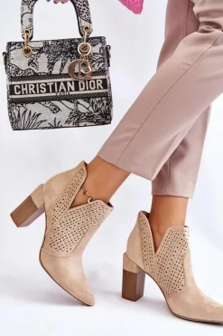 Clearance Modne Zamszowe Ażurowe Botki Na Obcasie Jasnobeżowe Genevi Damskie Botki Wiosenne|Botki Na Słupku