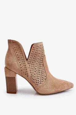 Botki Wiosenne|Botki Na Słupku>Boto Modne Zamszowe Ażurowe Botki Na Obcasie Beżowe Genevi
