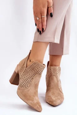 Botki Wiosenne|Botki Na Słupku>Boto Modne Zamszowe Ażurowe Botki Na Obcasie Beżowe Genevi