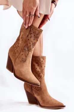 Hot Modne Zamszowe Botki Kowbojki W Kwiaty Camel Coralie Damskie Botki Wiosenne|Botki Na Słupku