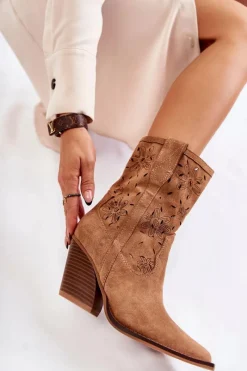 Hot Modne Zamszowe Botki Kowbojki W Kwiaty Camel Coralie Damskie Botki Wiosenne|Botki Na Słupku