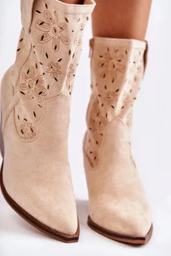 Outlet Modne Zamszowe Botki Kowbojki W Kwiaty Beżowe Coralie Damskie Botki Wiosenne|Botki Na Słupku