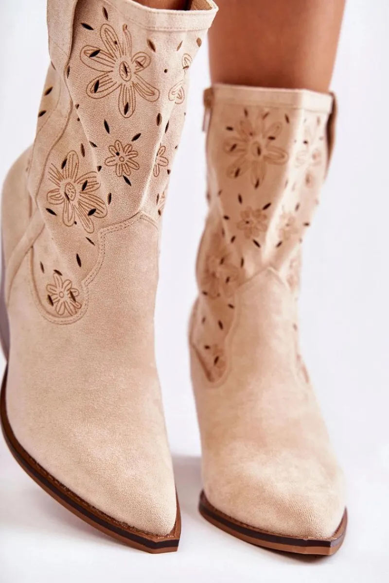 Outlet Modne Zamszowe Botki Kowbojki W Kwiaty Beżowe Coralie Damskie Botki Wiosenne|Botki Na Słupku