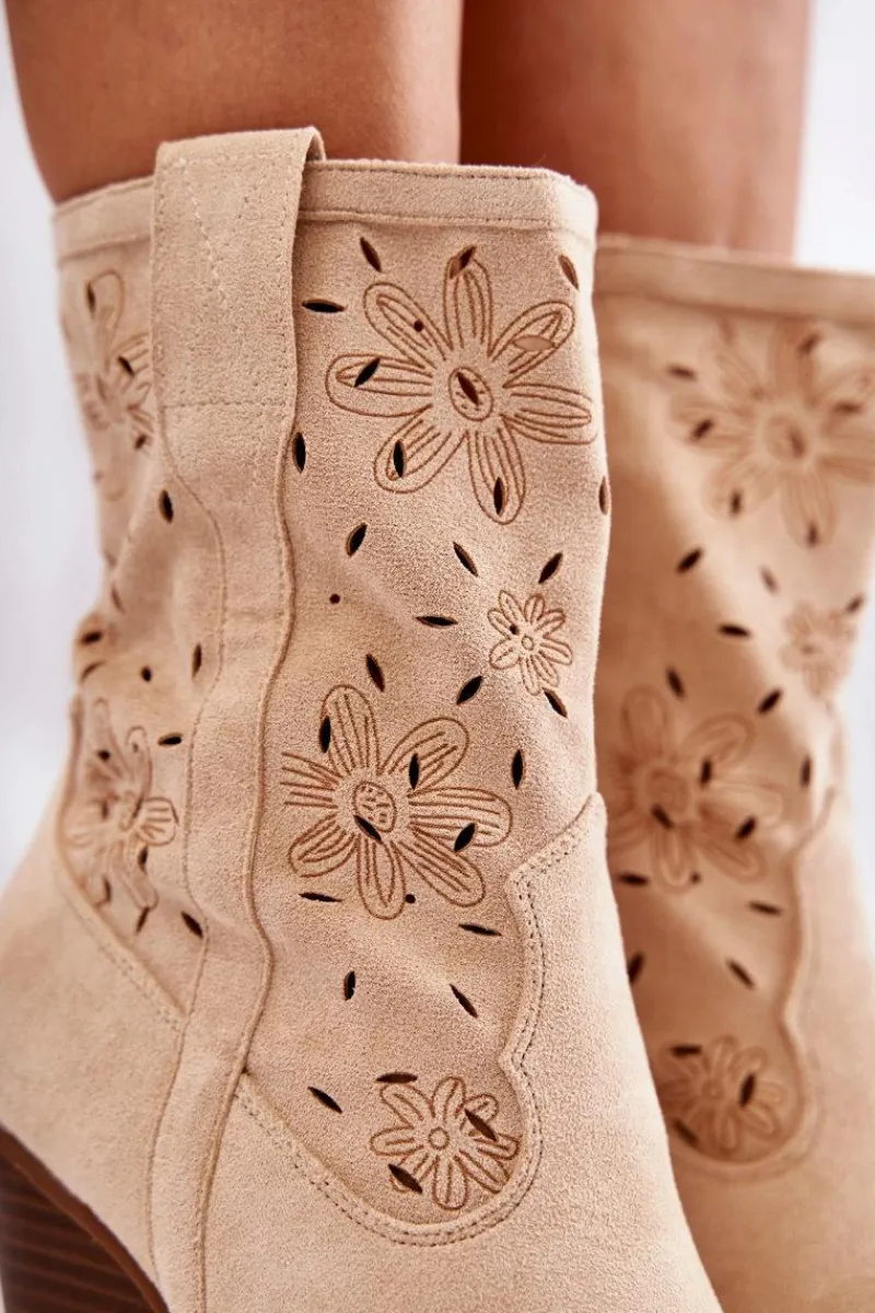 Outlet Modne Zamszowe Botki Kowbojki W Kwiaty Beżowe Coralie Damskie Botki Wiosenne|Botki Na Słupku