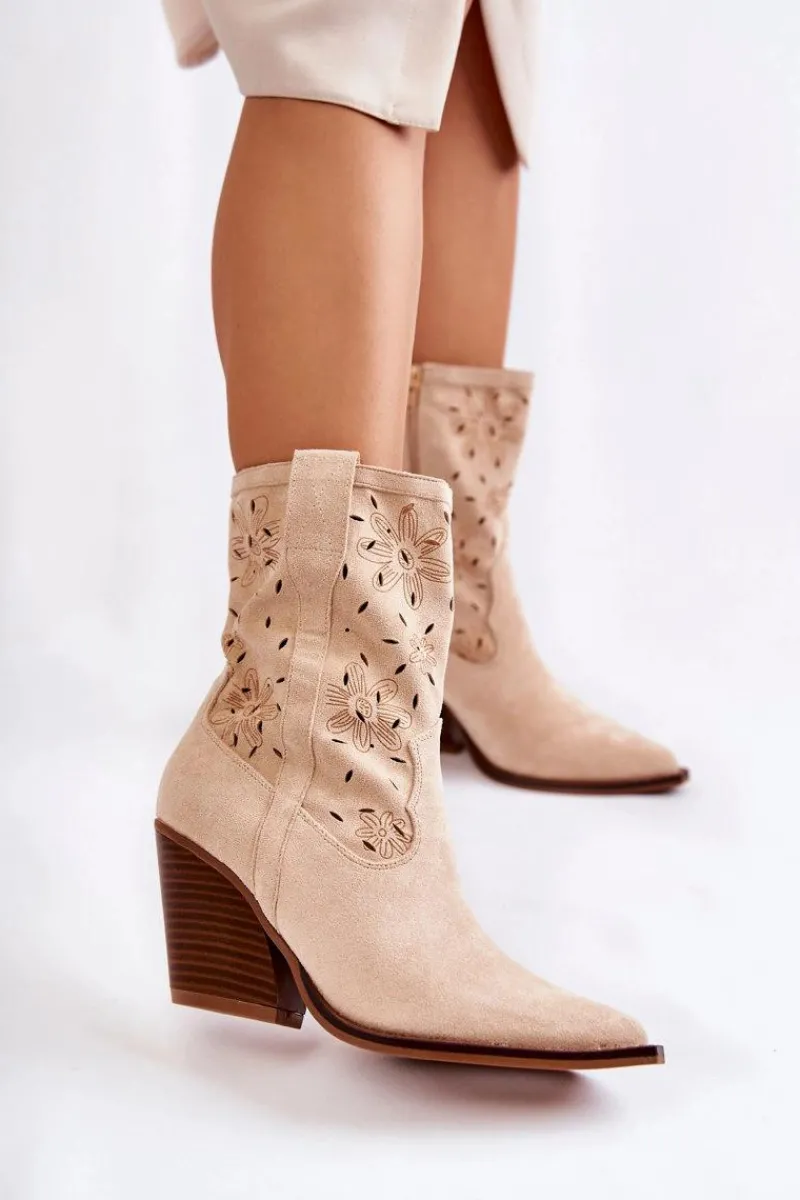 Outlet Modne Zamszowe Botki Kowbojki W Kwiaty Beżowe Coralie Damskie Botki Wiosenne|Botki Na Słupku