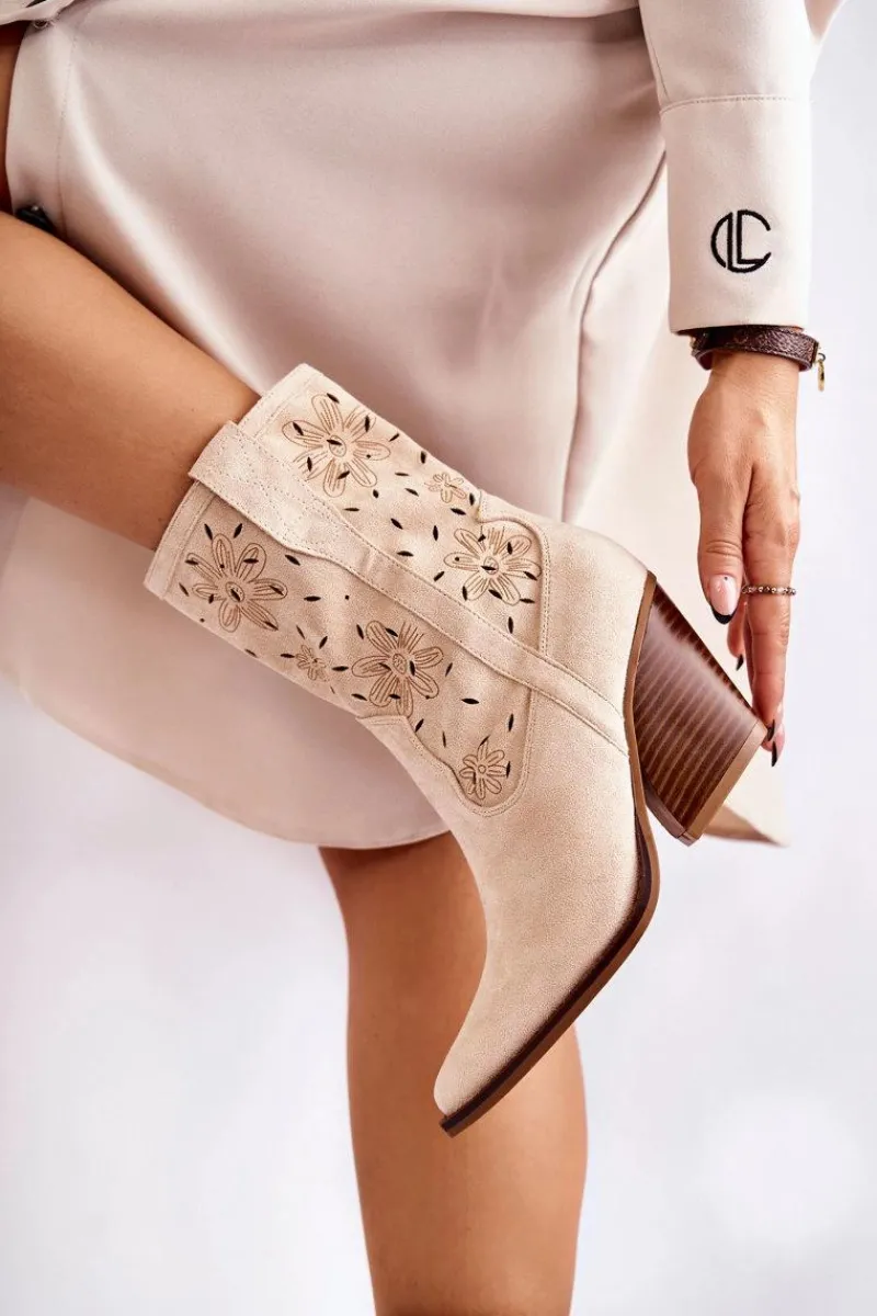 Outlet Modne Zamszowe Botki Kowbojki W Kwiaty Beżowe Coralie Damskie Botki Wiosenne|Botki Na Słupku