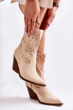 Outlet Modne Zamszowe Botki Kowbojki W Kwiaty Beżowe Coralie Damskie Botki Wiosenne|Botki Na Słupku