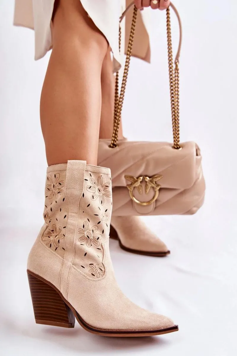 Outlet Modne Zamszowe Botki Kowbojki W Kwiaty Beżowe Coralie Damskie Botki Wiosenne|Botki Na Słupku