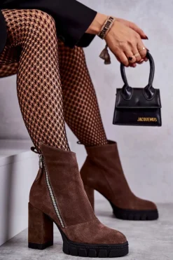 Best Laura Messi Modne Zamszowe Botki Na Obcasie 2509 Brązowe