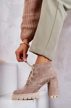 Online Modne Zamszowe Botki Sznurowane Beżowe Selma Damskie Damskie Trapery|Botki Skórzane