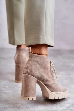 Online Modne Zamszowe Botki Sznurowane Beżowe Selma Damskie Damskie Trapery|Botki Skórzane