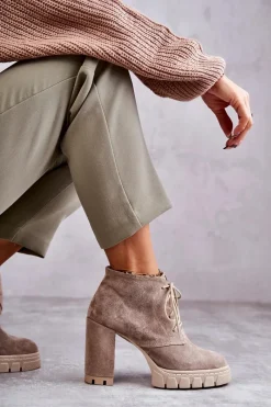 Online Modne Zamszowe Botki Sznurowane Beżowe Selma Damskie Damskie Trapery|Botki Skórzane