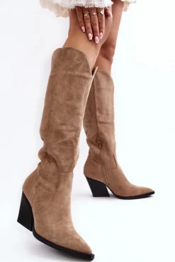 Boto Modne Zamszowe Kozaki Kowbojki Beżowe Delia