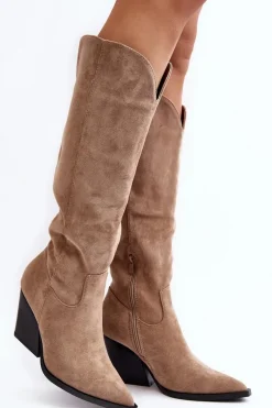 Boto Modne Zamszowe Kozaki Kowbojki Beżowe Delia
