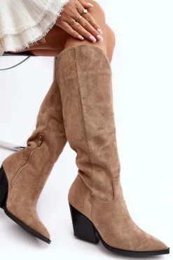 Boto Modne Zamszowe Kozaki Kowbojki Beżowe Delia