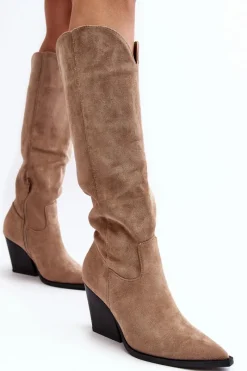 Boto Modne Zamszowe Kozaki Kowbojki Beżowe Delia