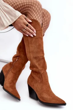 Online Modne Zamszowe Kozaki Kowbojki Camel Delia Damskie Kozaki Wiosenne|Kozaki Przed Kolano